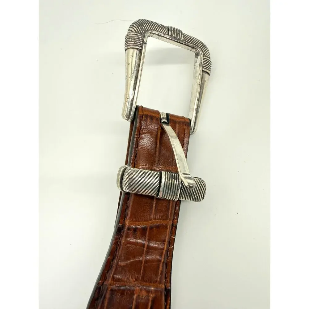 Brighton Onyx Croc Embossed Leather Belt Western Silver Buckle Brown Size 38